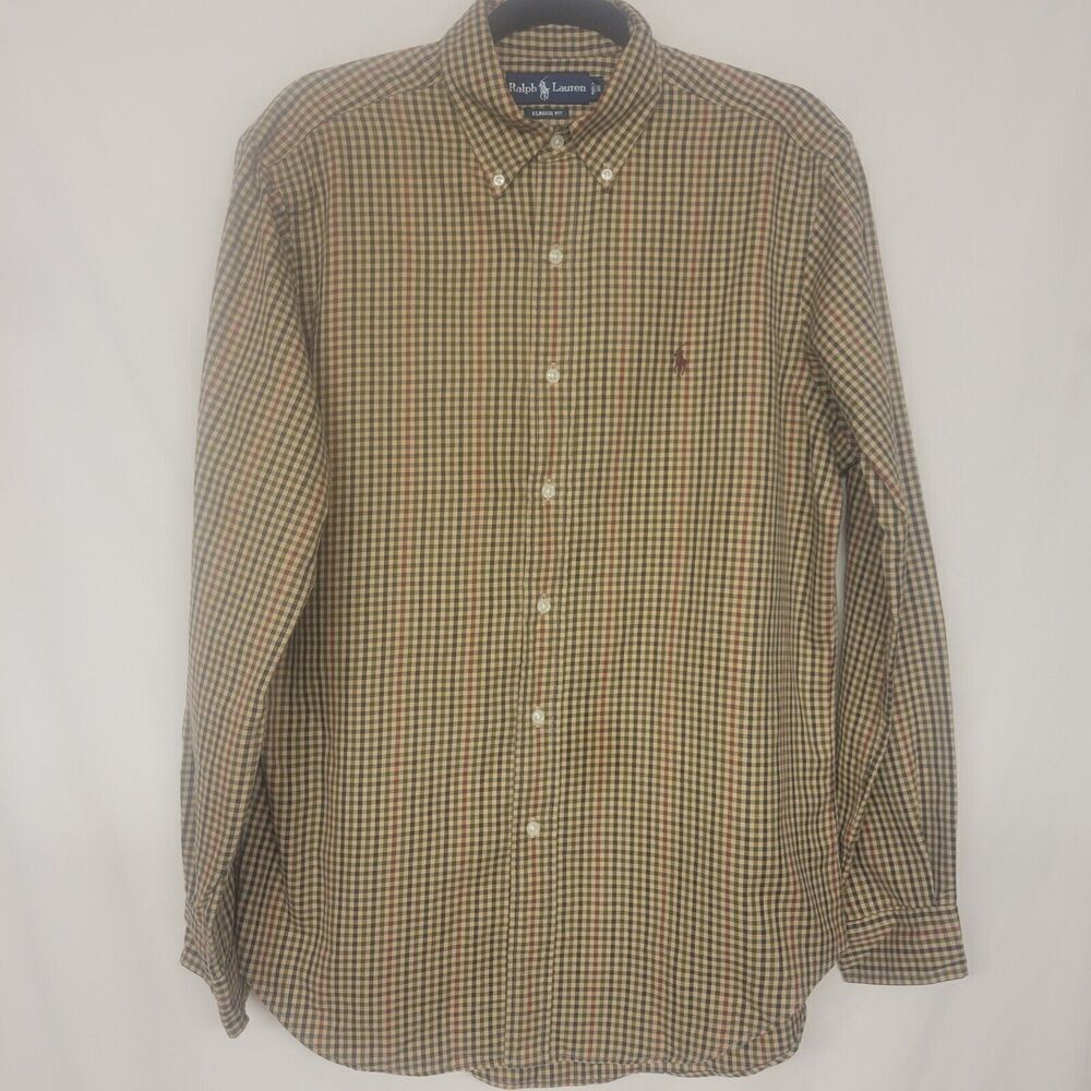 Ralph Lauren Medium Brow Plaid Classic Fit, Long Sleeve Button Down  Cotton Polo